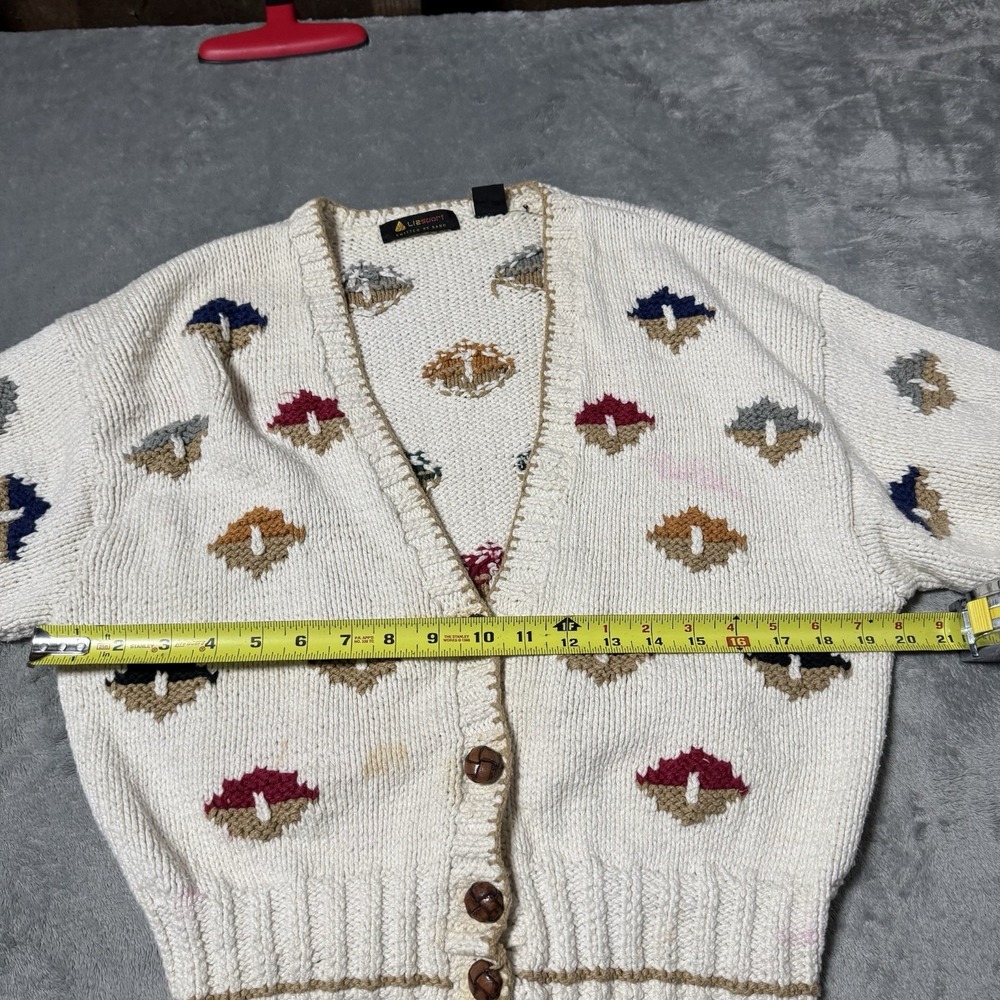 VTG Liz Sport Hand Knitted Ivory Mushroom Cardigan Sweater Women Medium Flaws - Picture 7 of 8